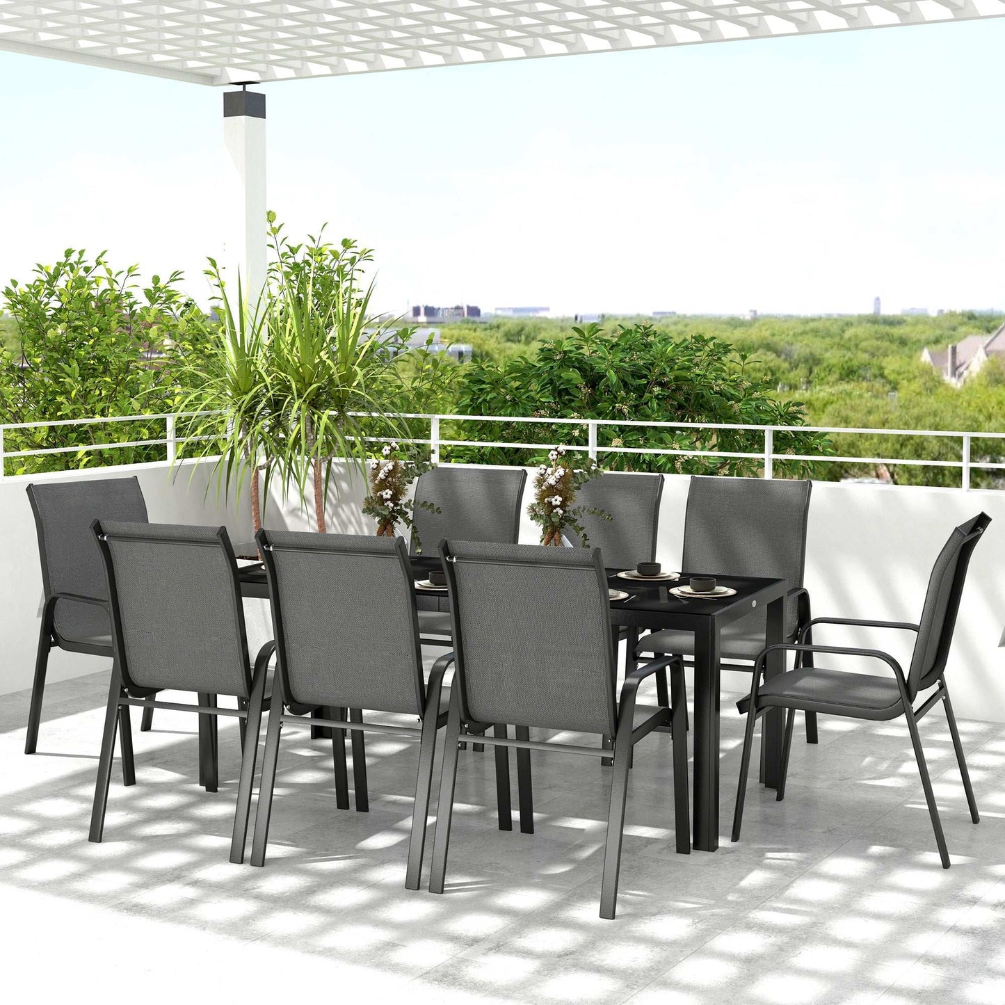 Outsunny 8 Seater Garden Dining Set with Rectangular Tempered Glass Top, Garden Furniture Set, Chairs for Patio, Balcony, Poolside, Dark Grey