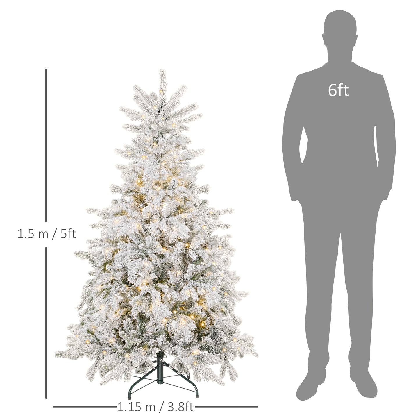 5ft Prelit Snow Flocked Artificial Christmas Tree with Warm White LED Light and 931 Tips, Metal Base, Snowy Realistic Xmas Tree