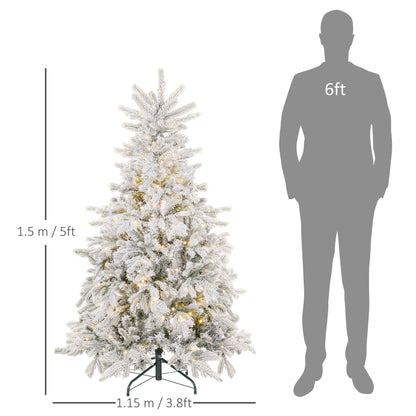 5ft Prelit Snow Flocked Artificial Christmas Tree with Warm White LED Light and 931 Tips, Metal Base, Snowy Realistic Xmas Tree