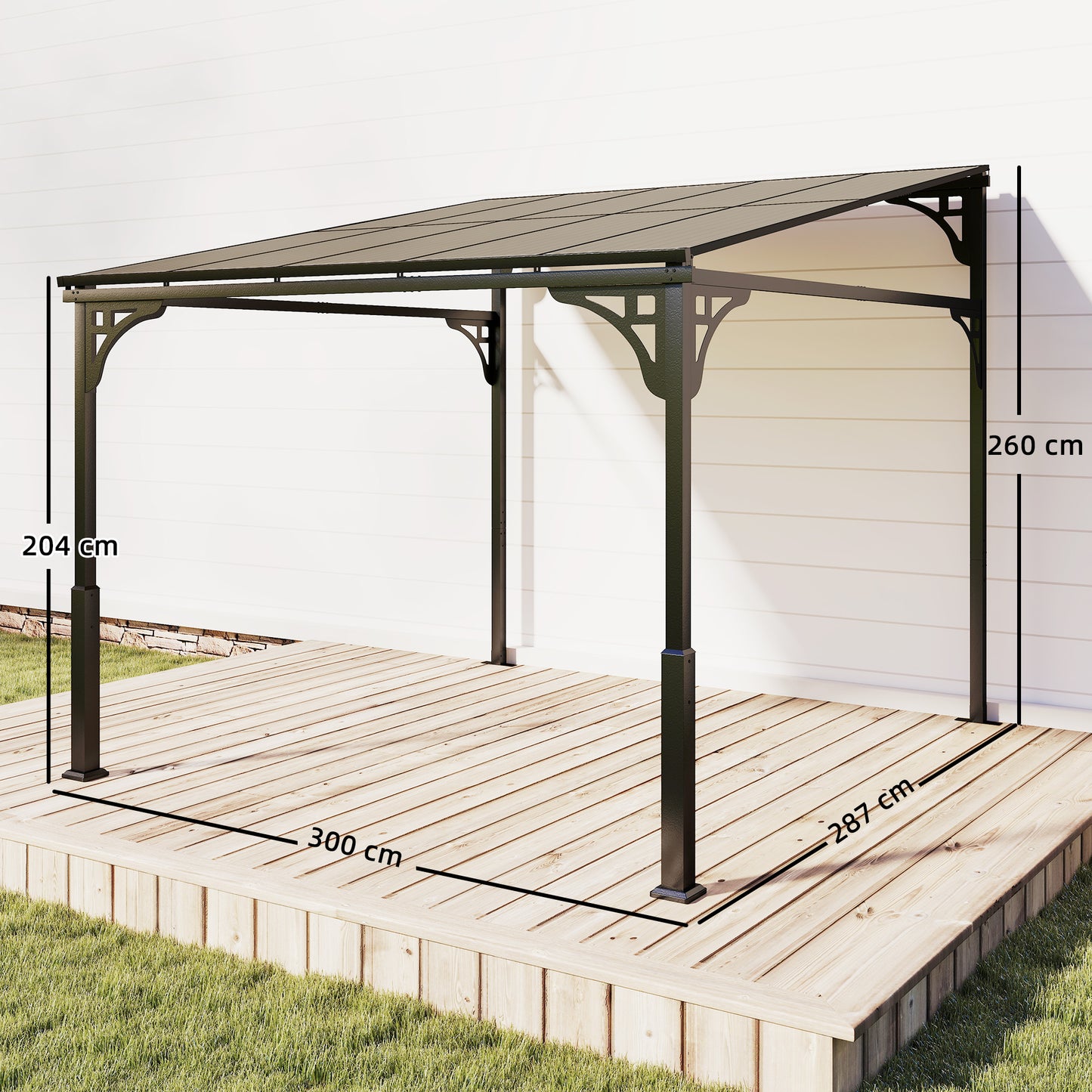 3x2.87m Wall Mounted Hardtop Lean-To Pergola | Polycarbonate Roof | Heavy-Duty Galvanised Frame | Reinforced Columns | Windproof Level 6 | Snow Load 5-10kg | All Hardware Included | Brown