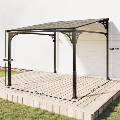 3x2.87m Wall Mounted Hardtop Lean-To Pergola | Polycarbonate Roof | Heavy-Duty Galvanised Frame | Reinforced Columns | Windproof Level 6 | Snow Load 5-10kg | All Hardware Included | Brown