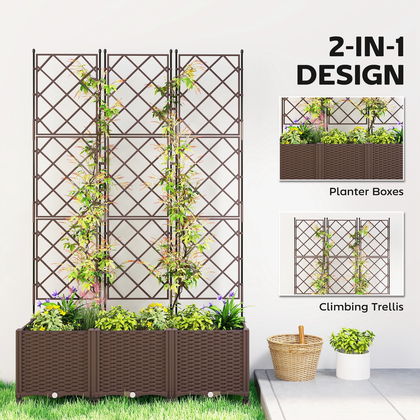 Self-Watering Raised Planter with Trellis | 8 Wheels 4 Lockable | Built-In Reservoir | Drainage Holes & Plugs | PP Fade Resistant | 20kg Capacity | 120x40x192cm | Brown