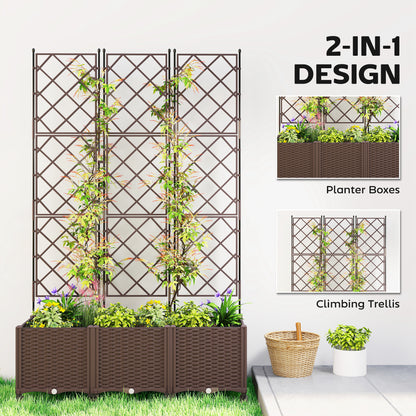 Self-Watering Raised Planter with Trellis | 8 Wheels 4 Lockable | Built-In Reservoir | Drainage Holes & Plugs | PP Fade Resistant | 20kg Capacity | 120x40x192cm | Brown