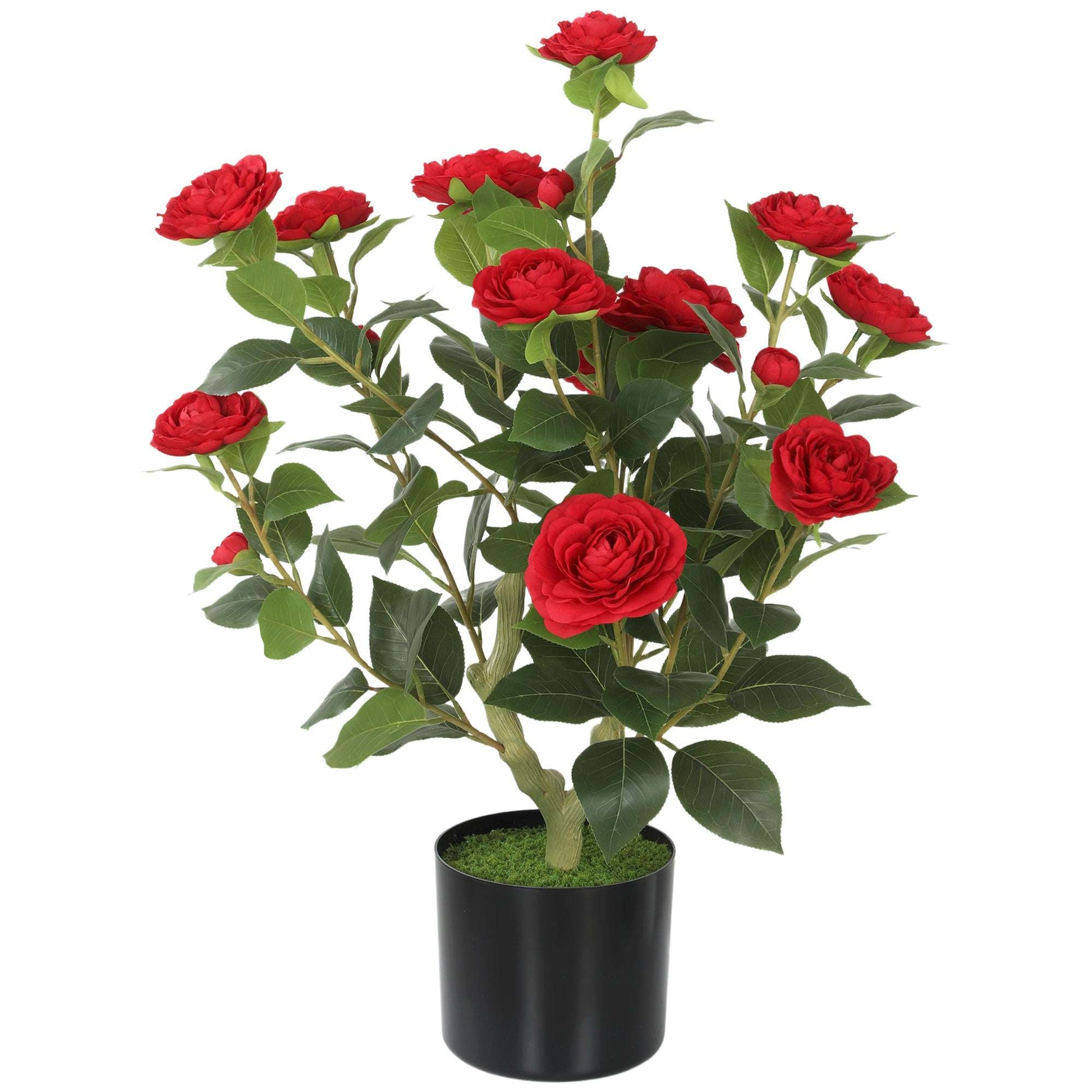 Artificial Camellia Flower Plant | 65cm | 116 PEVA Leaves | Red Silk Blossoms | Moss Effect | Cement Pot | Shapeable | No Maintenance