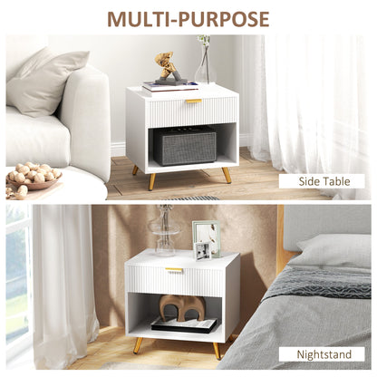 Set of 2 Bedside Tables | Ribbed Drawer | Gold Legs & Handle | Open Shelf | White | 50x47cm