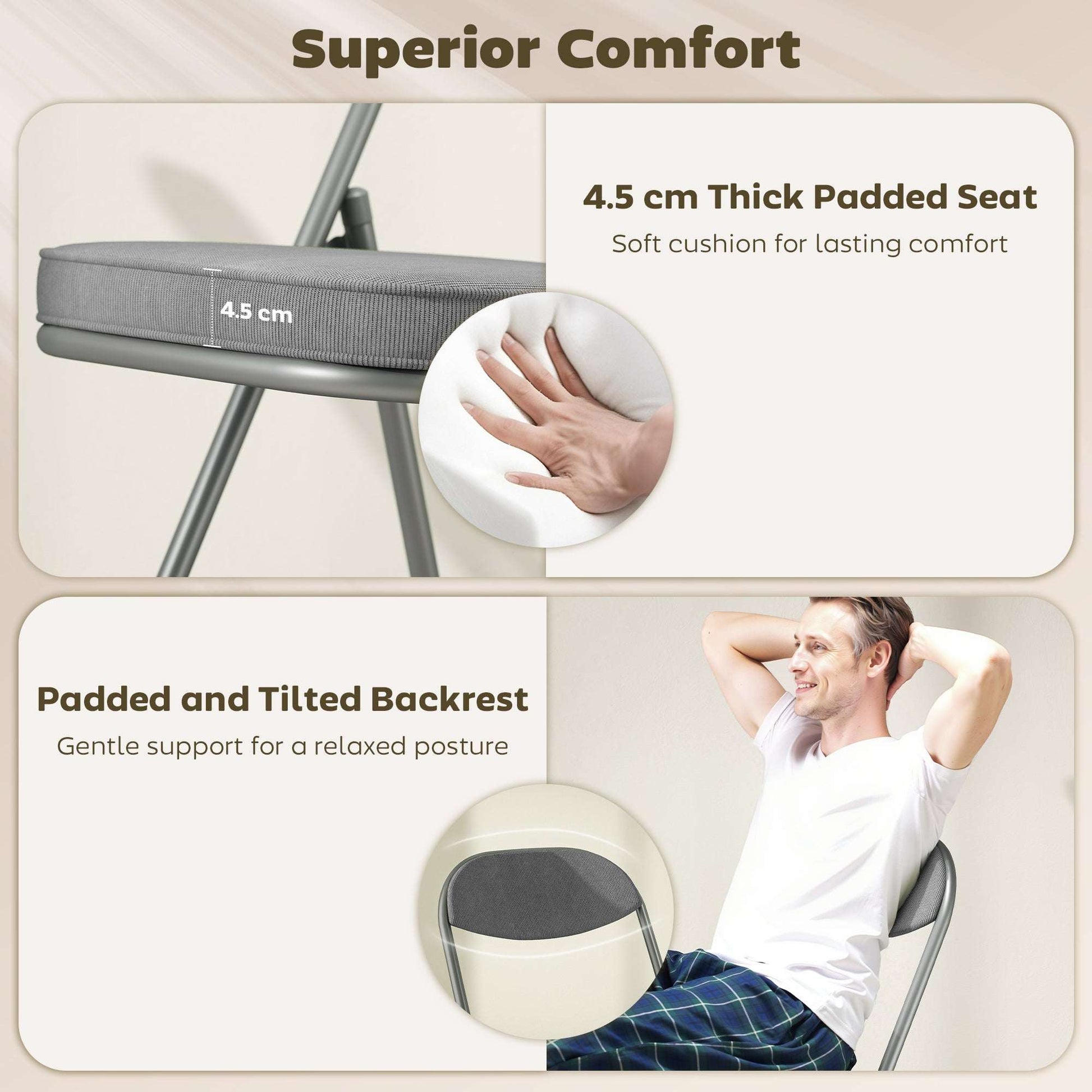 Set of 4 Folding Corduroy Chairs | High Back | Padded Seat & Back | Steel Frame | 120kg | No Assembly | Grey