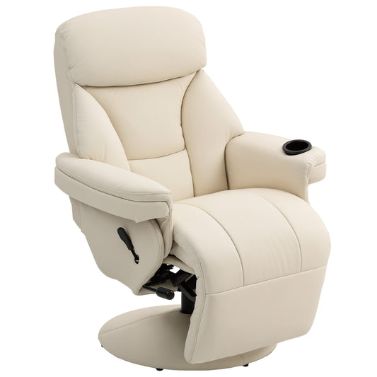 Manual Recliner Chair with Footrest, Upholstered Reclining Armchair with Adjustable Backrest and Cup Holder, PU Leather Swivel Chair, Cream White