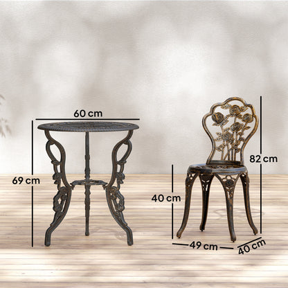 3 Piece Cast Aluminium Garden Bistro Set | Vintage Rose Design | Round Table Dia 60cm | 45mm Umbrella Hole | 2 Chairs | Rust Resistant | 120kg | Bronze Tone