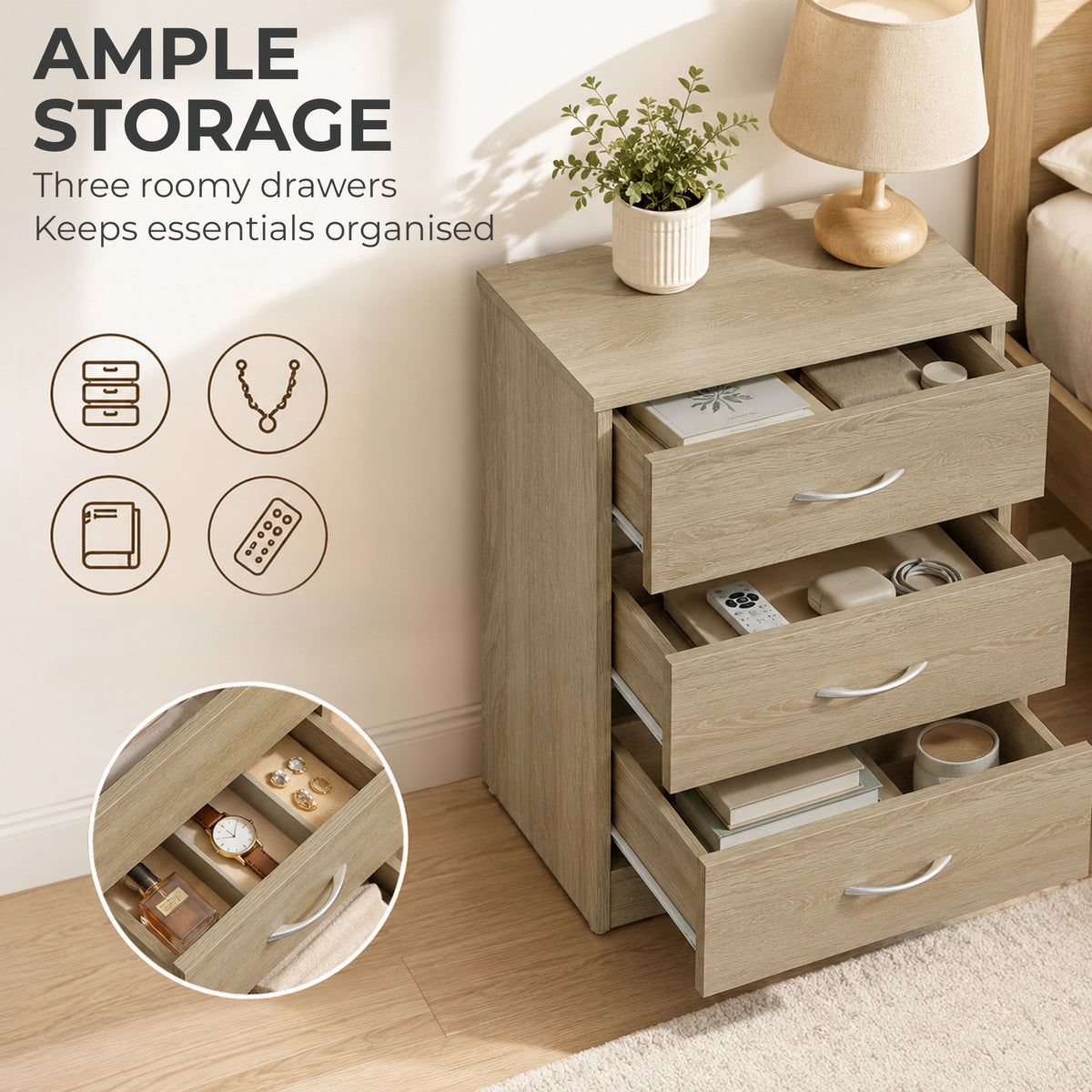 3-Drawer Bedside Table with Aluminium Handles & Wooden Glides | Oak Tone Melamine Finish | Non-Slip Pads | 40x35x58cm | 50kg Capacity | 10kg Per Drawer | Particleboard | Assembly Required