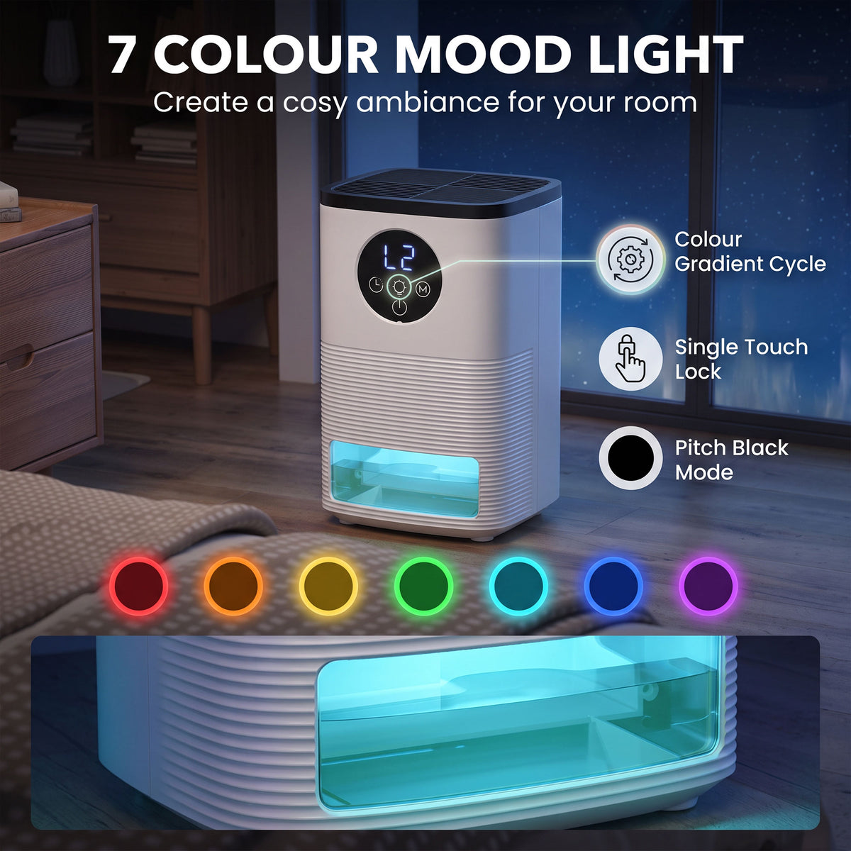 300ml/Day Small Dehumidifier | 1.4L Tank (133hrs) | 7-Colour RGB Mood Light | 43dB Sleep Mode | 4–24H Timer | LED Touch Panel | Auto Shut-Off & Defrost | 15m² | ABS | 15.2x13.5x24cm | White