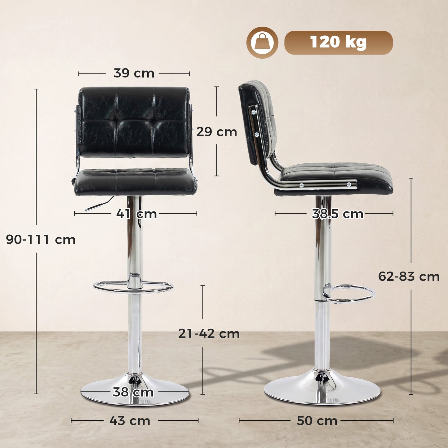 PU Leather Adjustable Bar Stools | Set of 2 | Square Tufted Backrest | Footrest | 62–83cm Height | Kitchen Island | Black