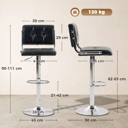 PU Leather Adjustable Bar Stools | Set of 2 | Square Tufted Backrest | Footrest | 62–83cm Height | Kitchen Island | Black