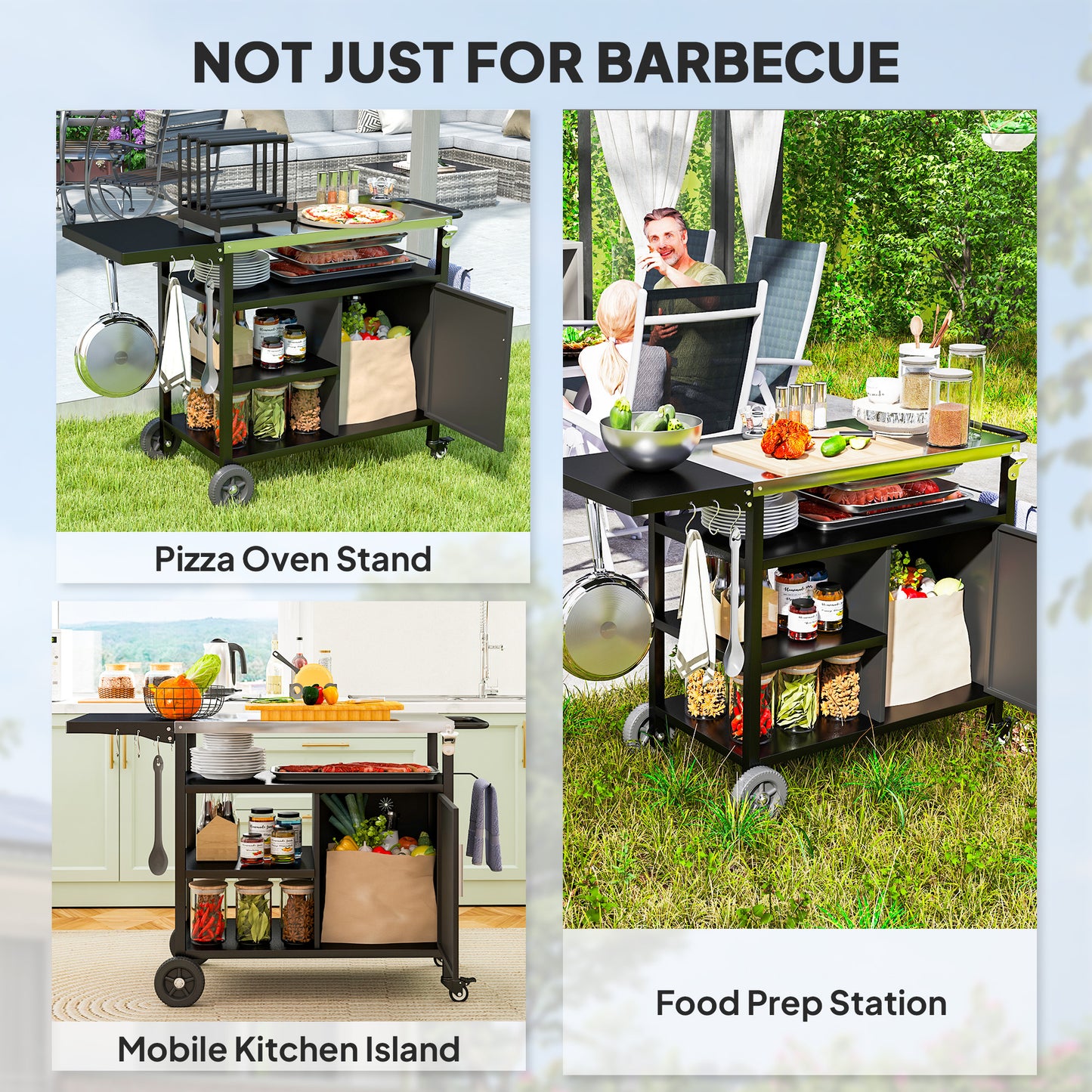 Outdoor BBQ Trolley with Foldable Side Table, Stainless Steel Top, Movable Outdoor Kitchen with Wheels Hooks Shelves Cabinet, Pizza Oven Table