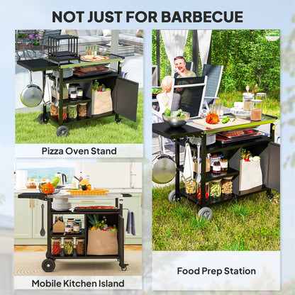 Outdoor BBQ Trolley with Foldable Side Table, Stainless Steel Top, Movable Outdoor Kitchen with Wheels Hooks Shelves Cabinet, Pizza Oven Table
