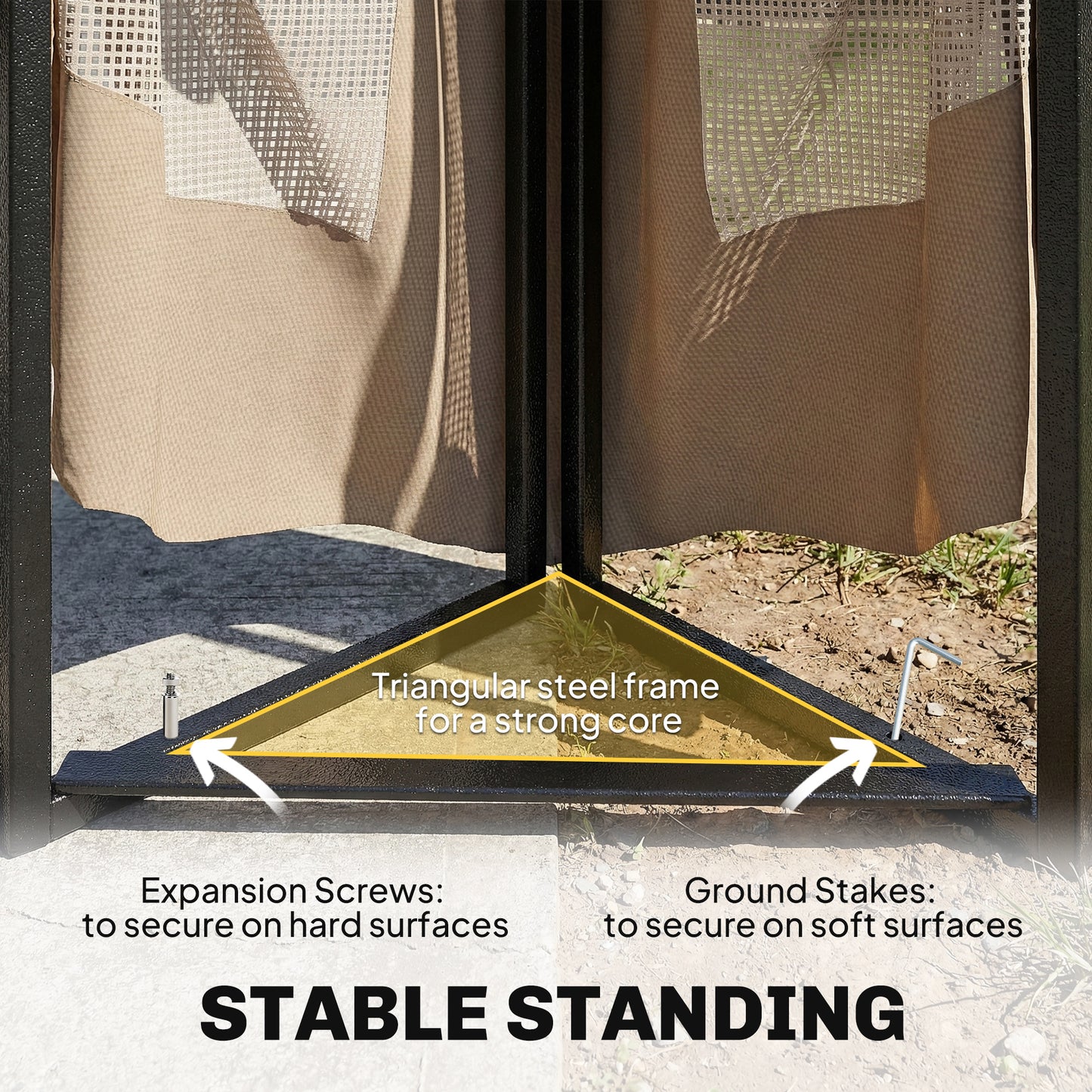3x3.6m Garden Gazebo | Double-Tier UPF50+ Roof | 4 Mesh Panels | Triangular Powder-Coated Metal Frame | Corner Shelves | Roof Drainage Holes | Expansion Screws & Ground Stakes | Ceiling Hook | Khaki
