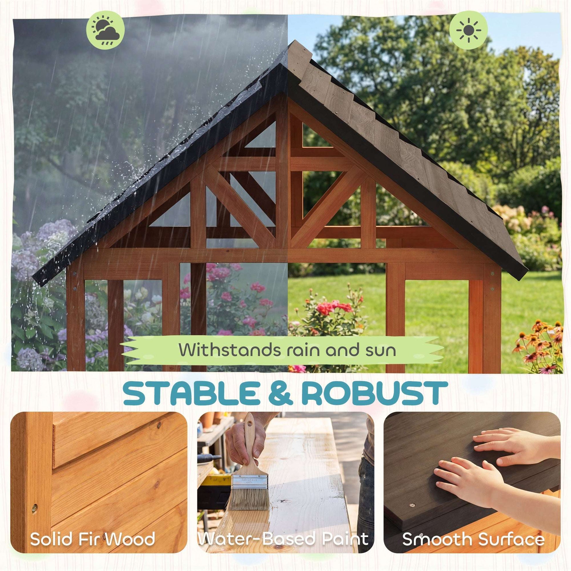 Wooden Kids Playhouse | Table & 2 Benches | Sink Basin | Flower Holders | Windows | Half-Door | 50kg | Ages 3-8 | Brown