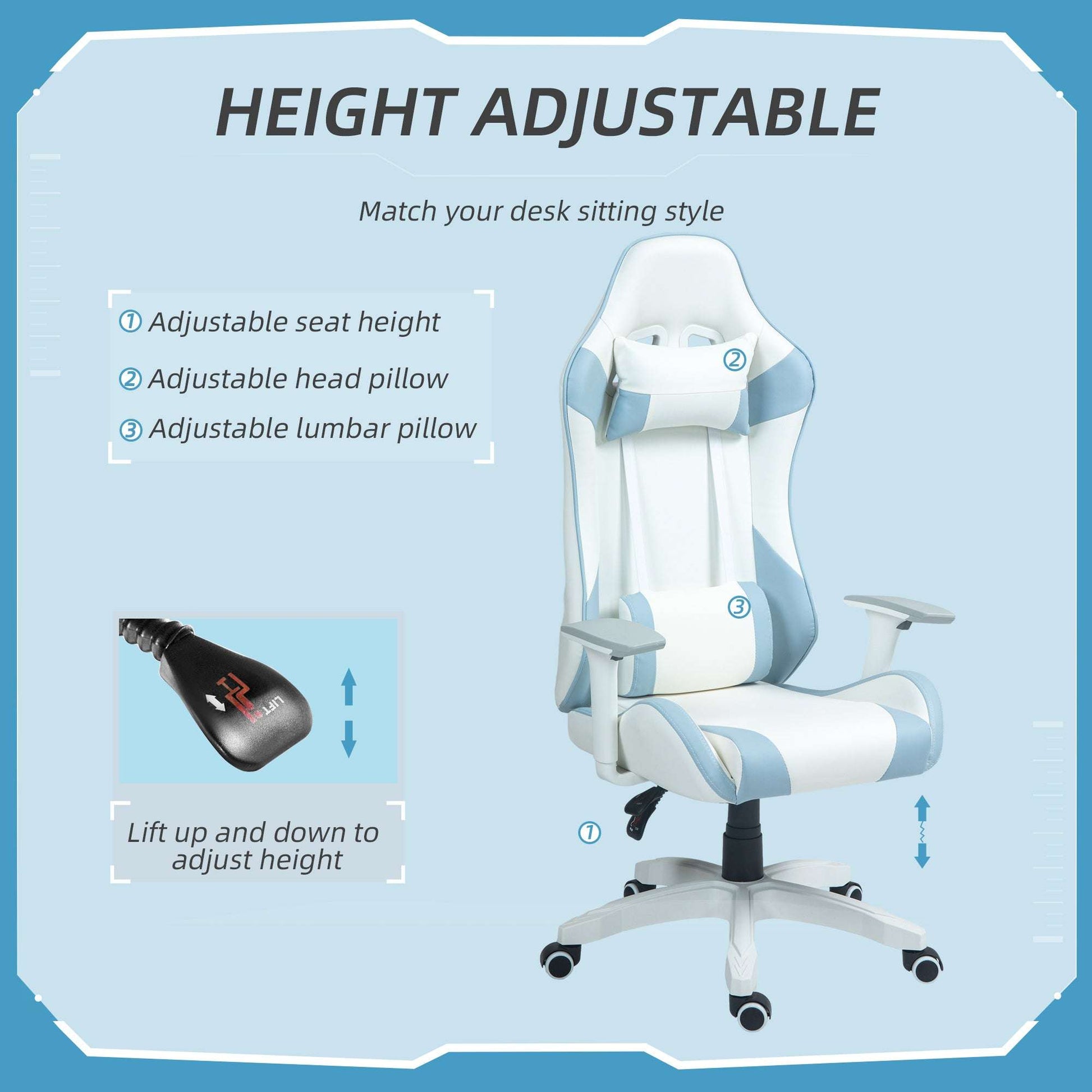 Gaming Racing Gamer Reclining Faux Leather Computer Chair W/ Headrest, Lumber Support, 3D Armrests, Adjustable Height, Swivel Wheels - Light Blue