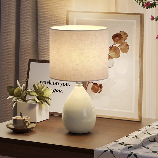 Vintage Eastern Ceramic Table Lamp | Cream Linen Shade | Glazed Base | E27 40W | Energy Class C | Rocker Switch | 1.5m Cable | 22x22x35cm | Bedside Desk Study Bedroom Living Room | Cream