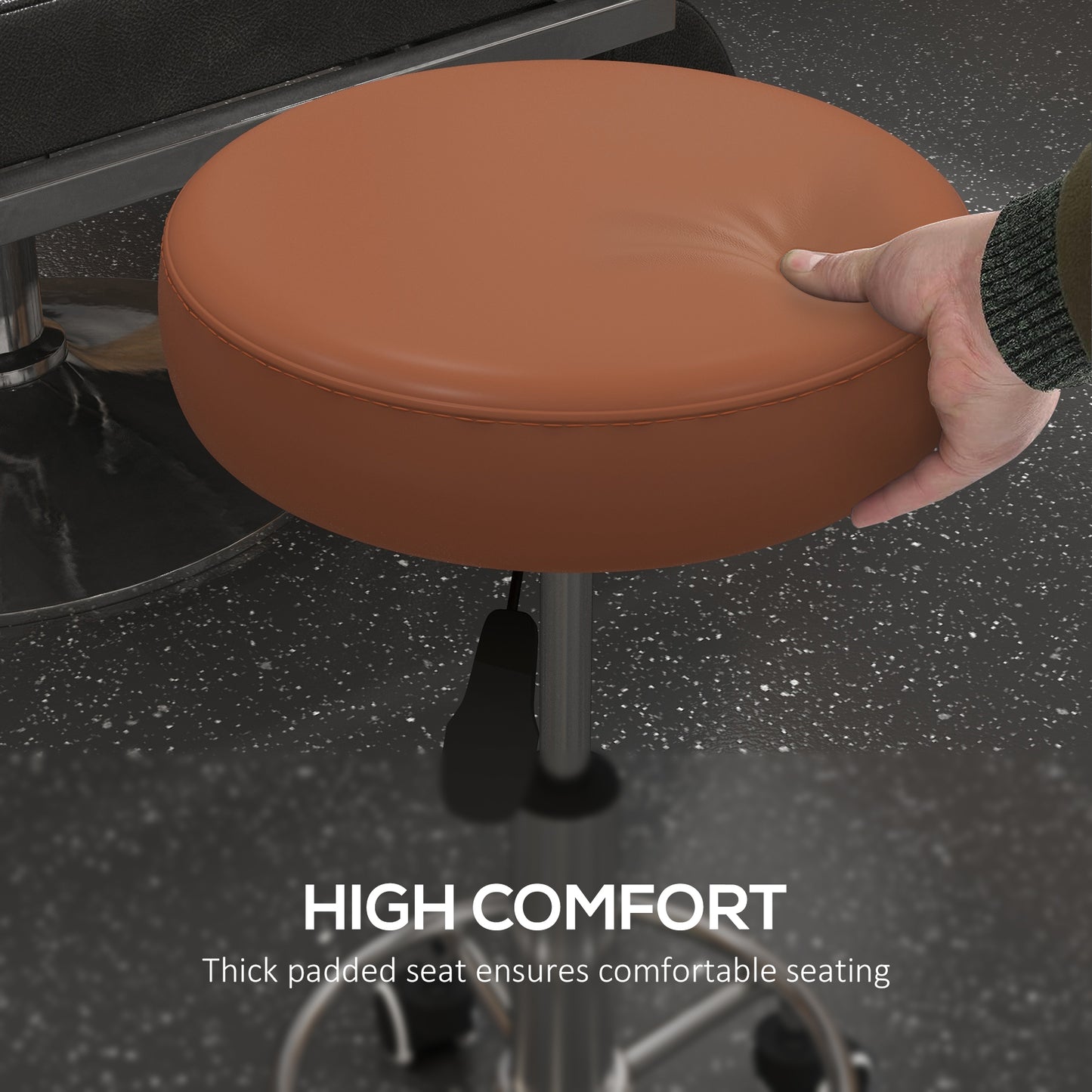 PU Leather Rolling Salon Stool | Height Adjustable 50-64cm | Dia 42cm | Thick Foam Seat | Footrest | 5 Wheels | Backless | 110kg | Brown