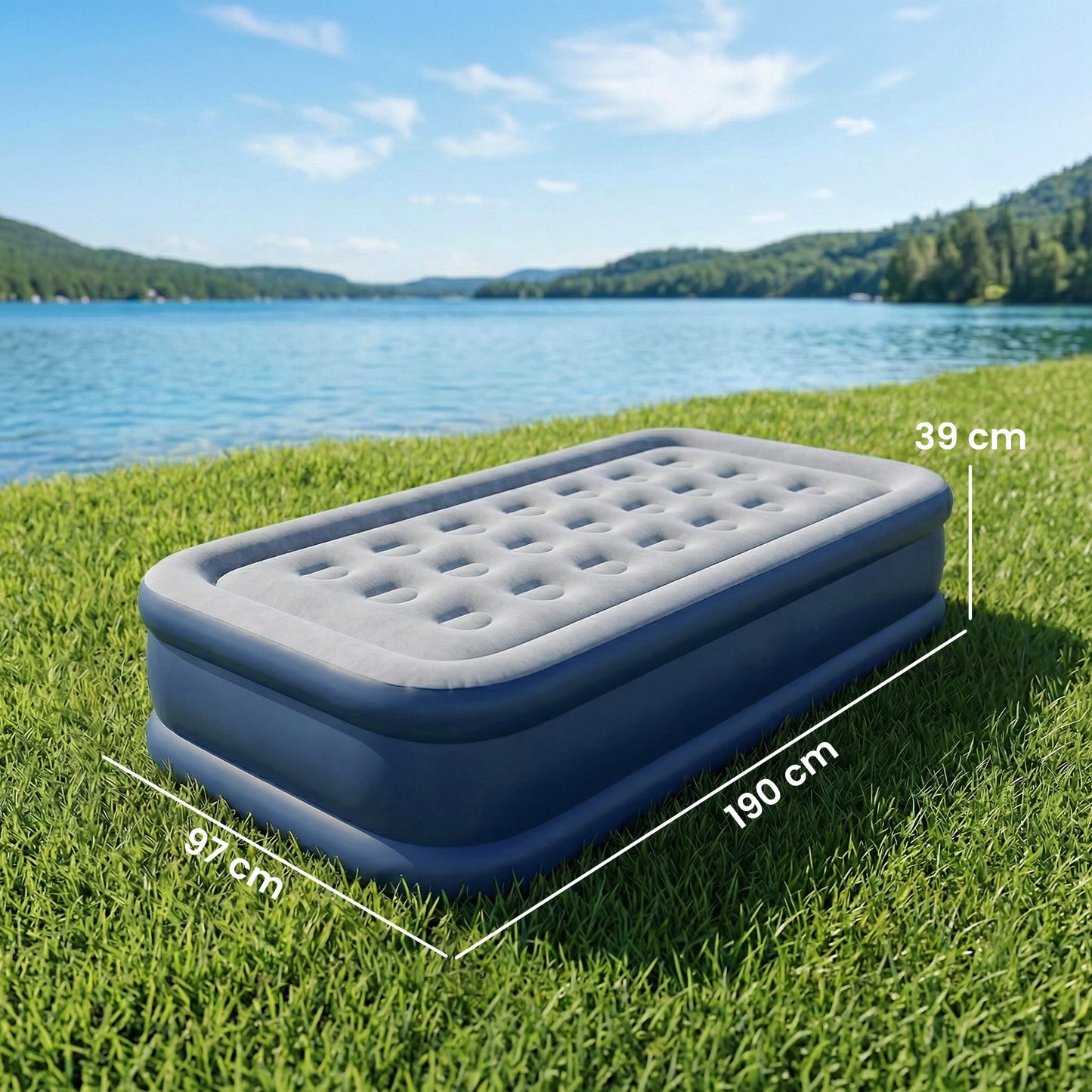 Single Inflatable Air Bed | Built-In Electric Pump | 3 Min Inflate | Flocked Top | 5000mm Waterproof | 200kg | 190x97x39cm | Carry Bag Included | Grey
