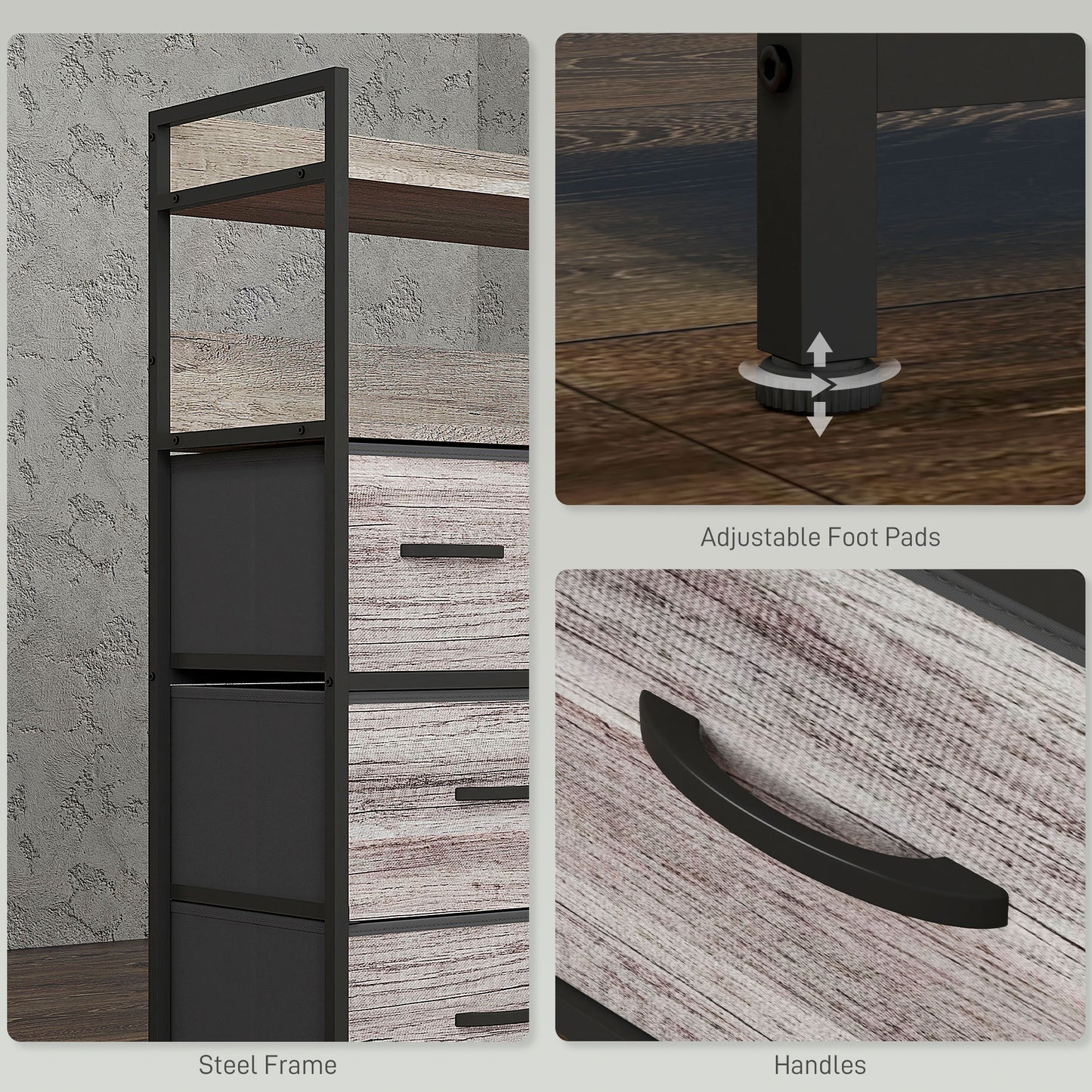 Retro Style Rustic Chest of Seven Fabric Drawers - Grey Wood Effect