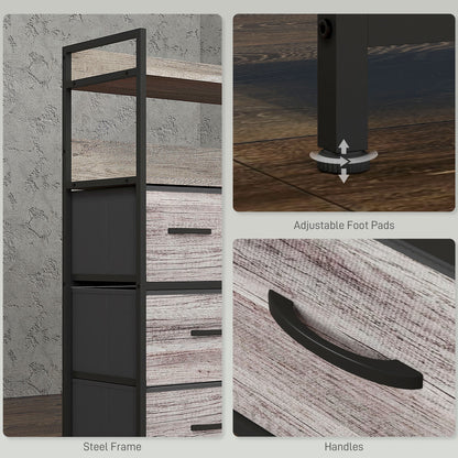 Retro Style Rustic Chest of Seven Fabric Drawers - Grey Wood Effect