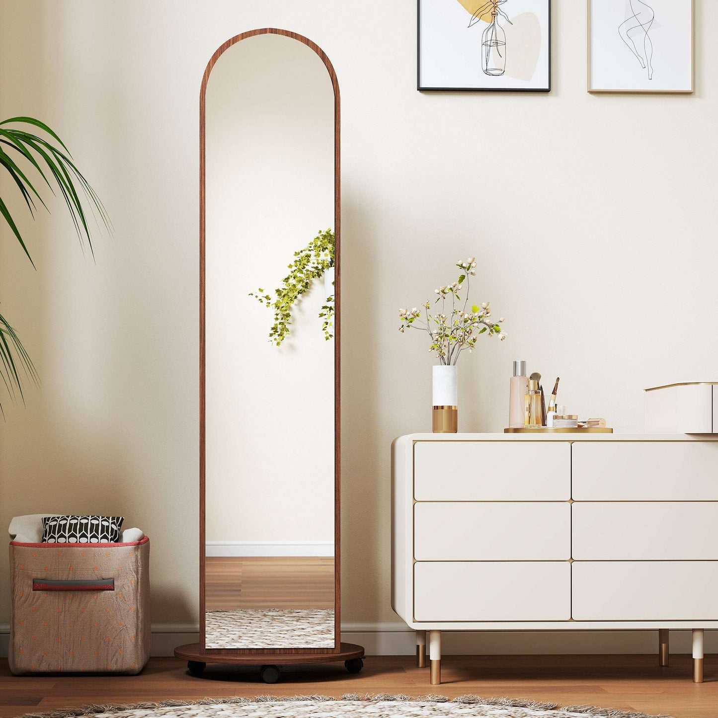 2-in-1 Full-Length Floor Mirror with Hidden Back Storage Shelves | Coat Rack & Hooks | 4 Lockable Wheels | Shatter-Resistant Tempered Glass | 50x50x167cm | Brown Wood Effect