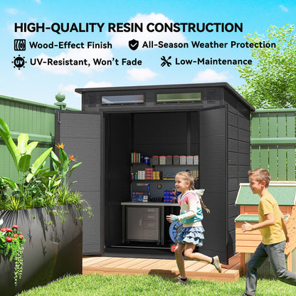 PP & Aluminium Garden Storage Shed with Floor | 3 Windows | Dual Vents | Double Doors | Lock & Keys | UV-Resistant | Water-Repellent | 40kg/m² Snow Load | 182x182x196cm | 2.89m² | Tools Bikes & BBQ | Dark Grey