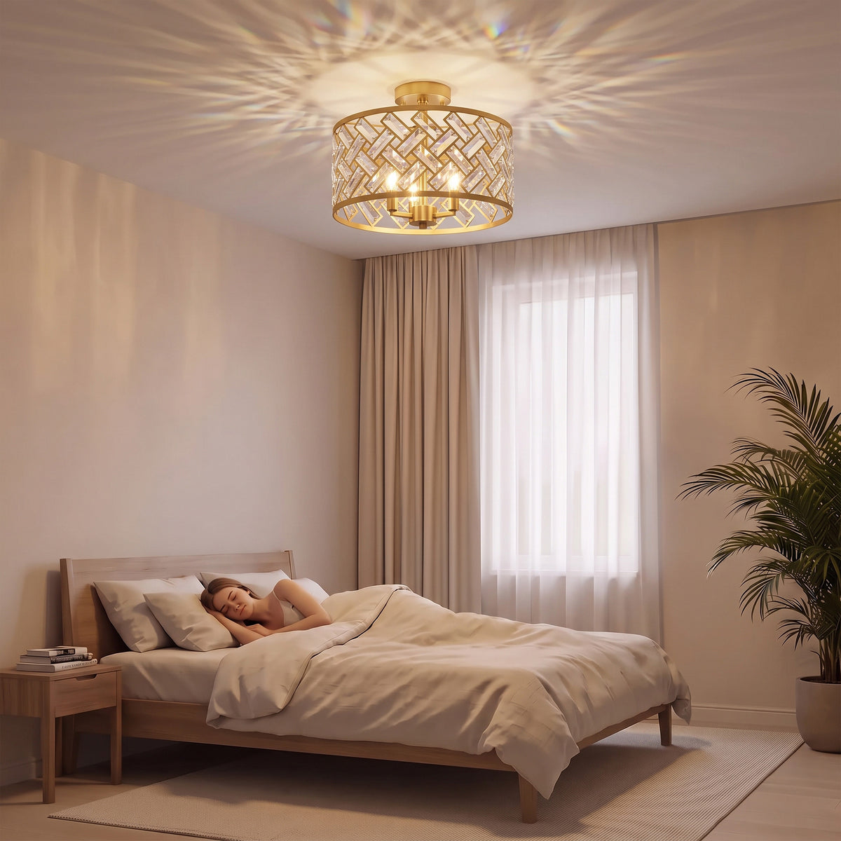 3-Light Crystal Drum Ceiling Light | 76 Crystal Prisms | 3x E14 Sockets | Electroplated Gold-Tone Frame | 39Dx34H cm | Max 40W per Bulb | LED Compatible | Ceiling >2.3m | Bulbs Not Included | Gold Tone