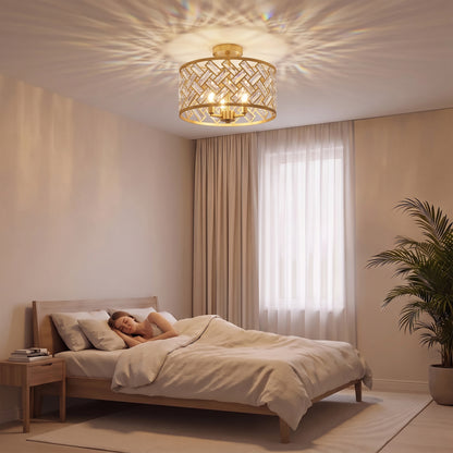 3-Light Crystal Drum Ceiling Light | 76 Crystal Prisms | 3x E14 Sockets | Electroplated Gold-Tone Frame | 39Dx34H cm | Max 40W per Bulb | LED Compatible | Ceiling >2.3m | Bulbs Not Included | Gold Tone