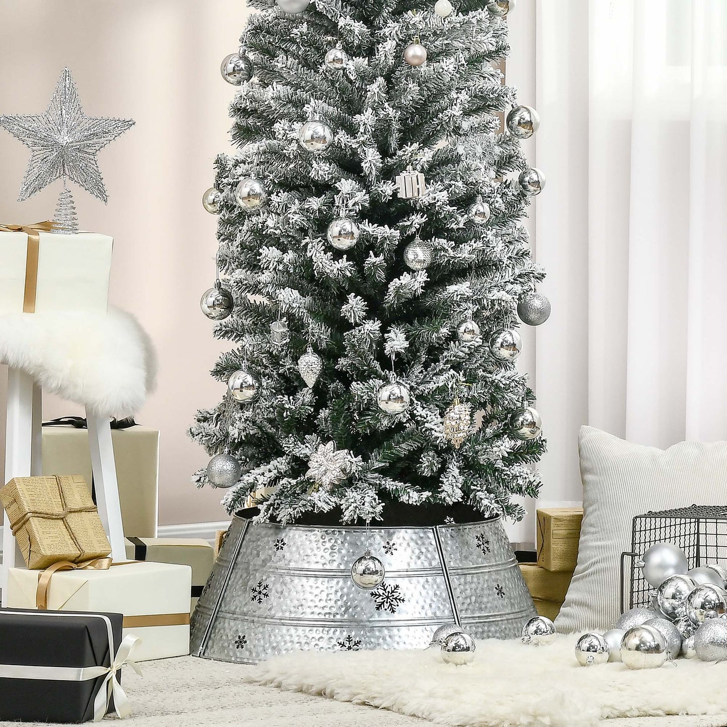 66cm Christmas Tree Base Cover, Christmas Tree Collar With Hollow Snowflake Pattern for Holiday, Party, Silver