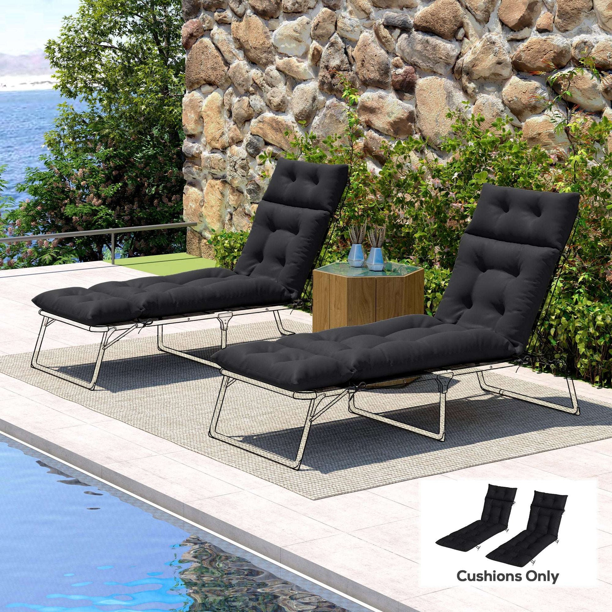 Set of 2 Sun Lounger Cushions | 190x56x10cm | High-Resilience PP Foam | UPF20+ | Fade & Splash Resistant | 220gsm Polyester | 6 Tie Fastenings | Black