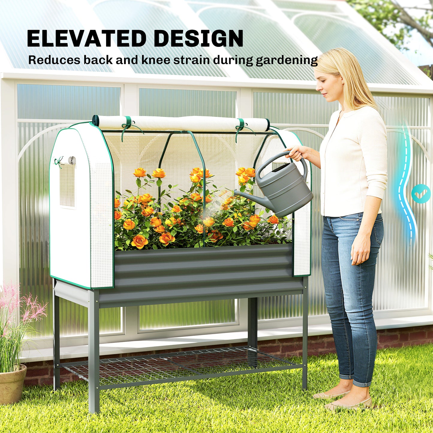 Galvanised Raised Planter with Greenhouse Cover | PE Cover Roll-Up Door & Side Vents | Elevated on Legs | Bottom Mesh Shelf | 180kg Capacity | 120x55x140cm | Dark Grey