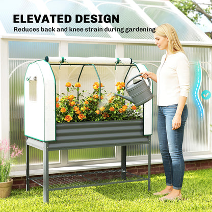 Galvanised Raised Planter with Greenhouse Cover | PE Cover Roll-Up Door & Side Vents | Elevated on Legs | Bottom Mesh Shelf | 180kg Capacity | 120x55x140cm | Dark Grey