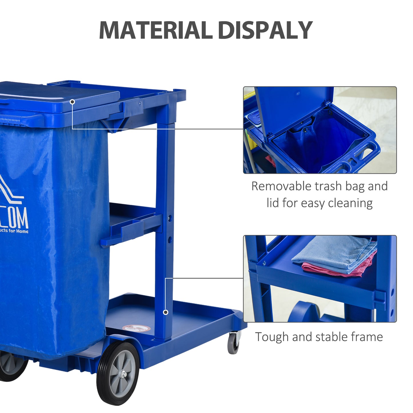 Cleaning Carts On Wheels, Janitorial Trolley W/ 3 Tier Shelves, Housekeeping Utility Service Unit W/ Rubbish Bag Mop Mount for Hotel, Office, Blue