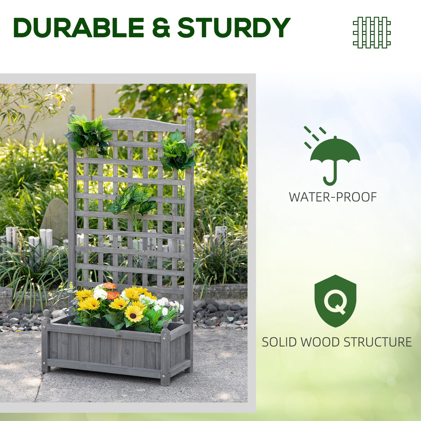 Fir Wood Raised Garden Bed with Trellis | 2 Drainage Holes | 50kg Capacity | 64x28x120cm | Indoor & Outdoor | Climbing Plants Flowers & Veg | Grey