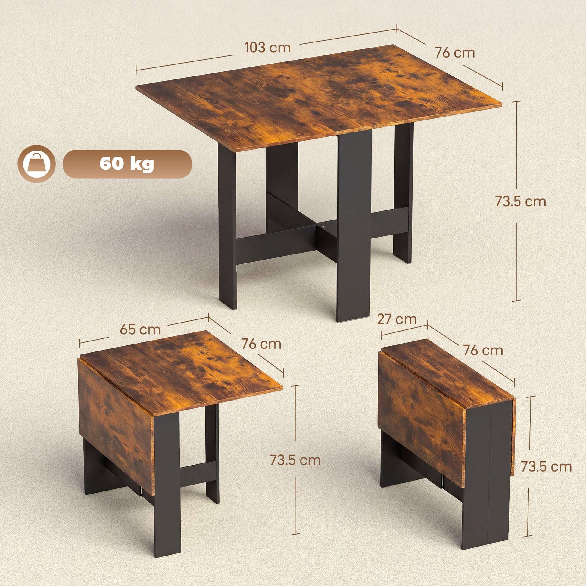 Retro Vintage Style Folding Dining Table, Space-Saving Drop Leaf Kitchen Table for 4-6 People Rustic Brown
