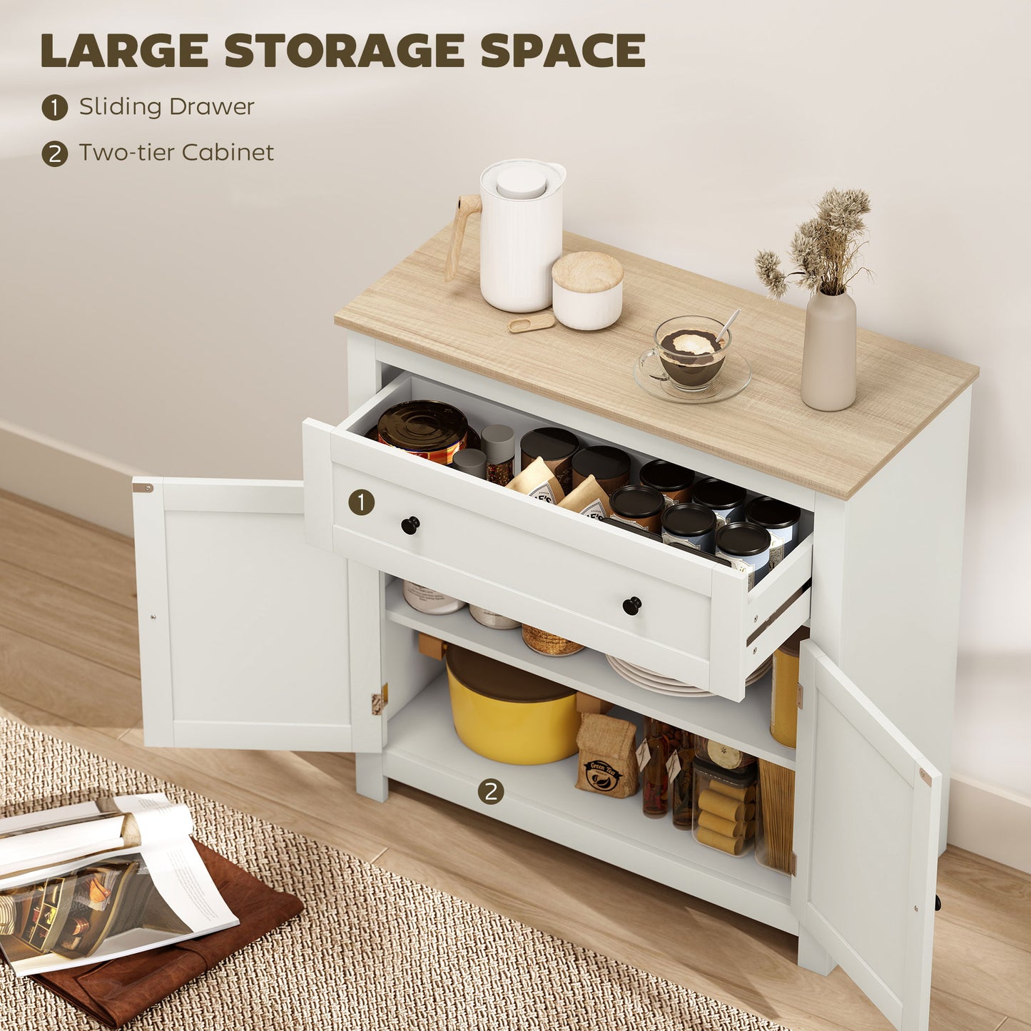 Sideboard Storage Cabinet, Modern Kitchen Cupboard with Adjustable Shelf, Drawer and Double Doors