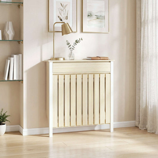 MDF & Particle Board Radiator Cover with 1 Drawer | Vertical Slats | Flat Top Display Surface | Wall Mountable | Pre-Cut Outs | 14kg Capacity | 88.5x19x93cm | Oak & White