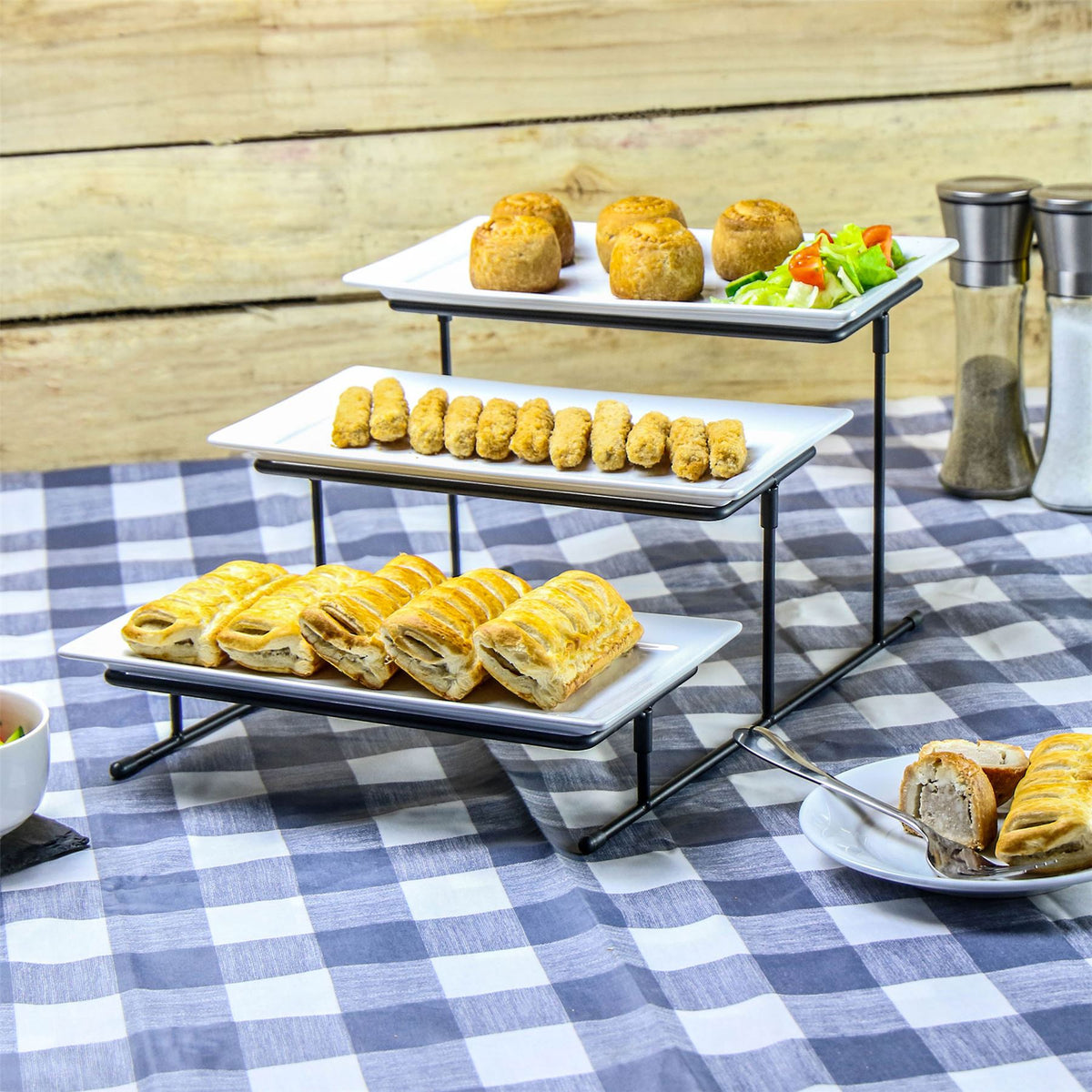 Maison & White 3 Tier Serving Stand with Ceramic Platter Plates | 37x27.5x20cm Stand | 3x Platters 29x15.5cm | Coated Iron Frame | Adjustable Angle | Fridge Safe | Fragile | 2-Year Warranty