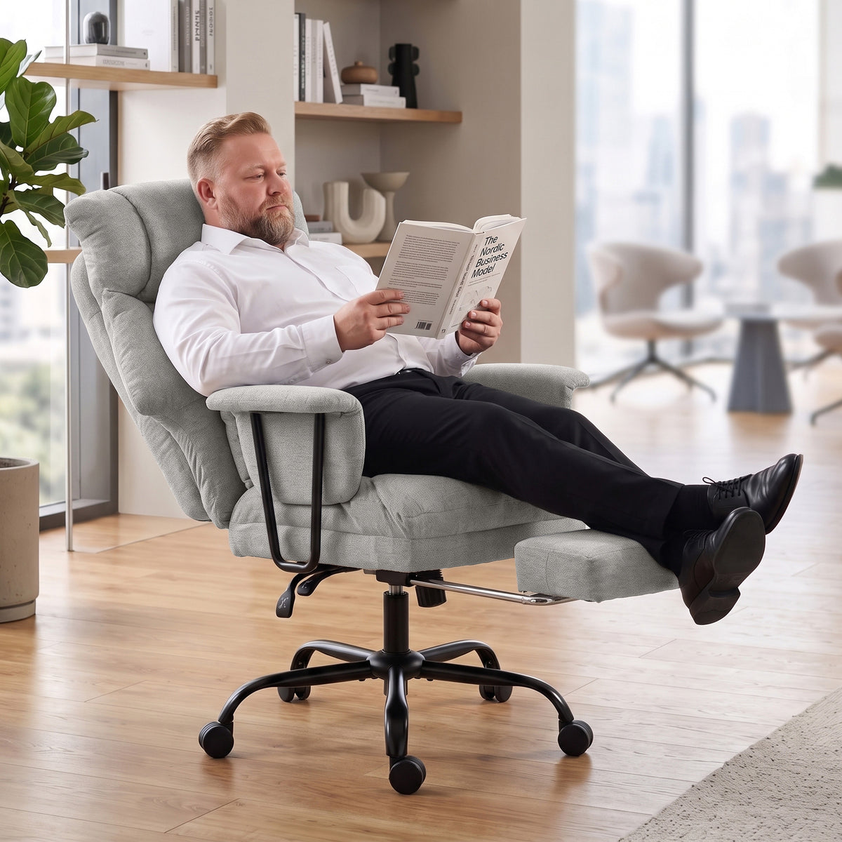 Grey Heavy-Duty Reclining Office Chair | 180 kg Capacity, 55 cm Wide Seat with Pocket Springs, Lumbar Support & Footrest | 135° Recline