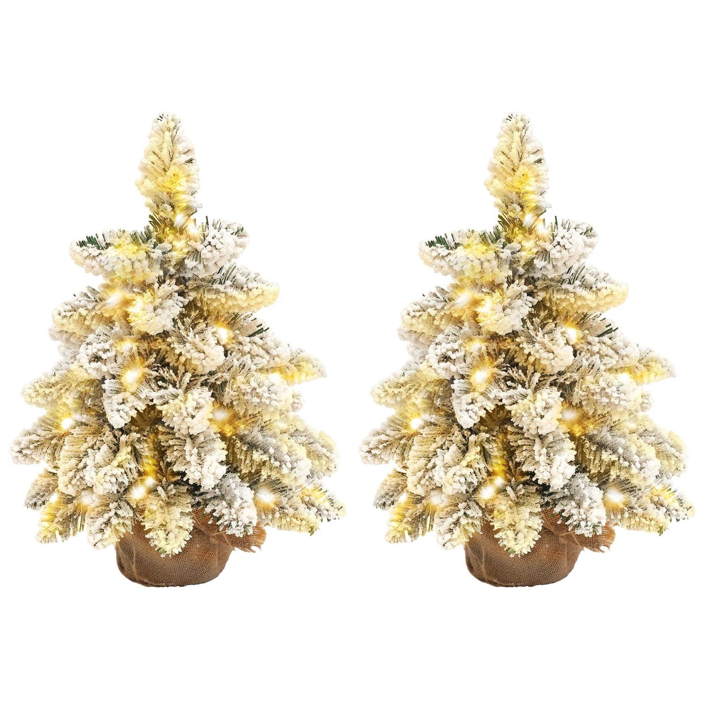 1.5ft Mini Artificial Christmas Trees with Lights Set of 2, Snow Flocked Tabletop with Base, Battery Operated, Desktop Party Decoration