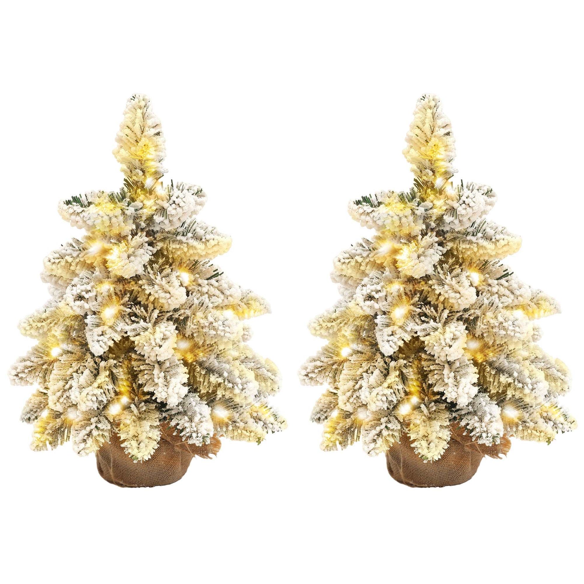 1.5ft Mini Artificial Christmas Trees with Lights Set of 2, Snow Flocked Tabletop with Base, Battery Operated, Desktop Party Decoration