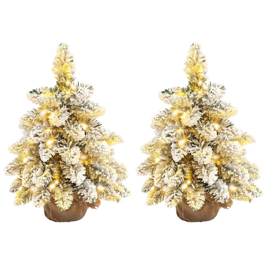 1.5ft Mini Artificial Christmas Trees with Lights Set of 2, Snow Flocked Tabletop with Base, Battery Operated, Desktop Party Decoration