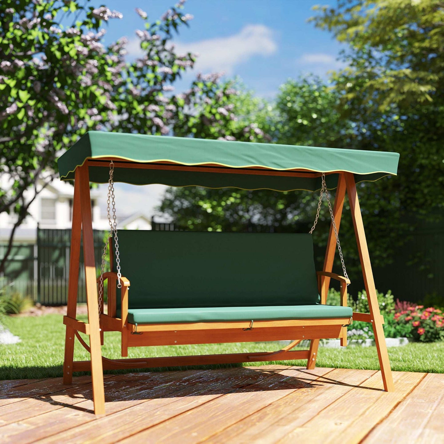 3 Seater 2-in-1 Wooden Garden Swing Seat Chair Bed Outdoor Convertible Hammock Bench Furniture Lounger