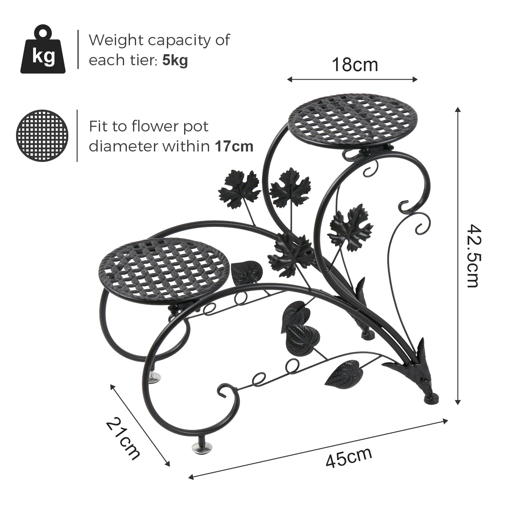 2 PCS Metal Plant Stand Heart-Shape Flower Pot Display Holder Garden Support