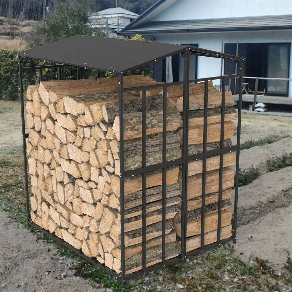Firewood Storage Log Rack Holder Storage Organiser Metal Fire Wood Stand With Top Cover