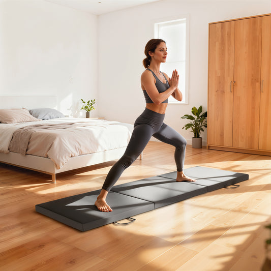 Tri-Fold Gymnastics Mat | 180 x 60 x 5cm | 5cm EPE Foam Padding | Non-Slip PU Surface | Foldable with Carry Handles | 200kg Capacity | Home Gym Training | Grey