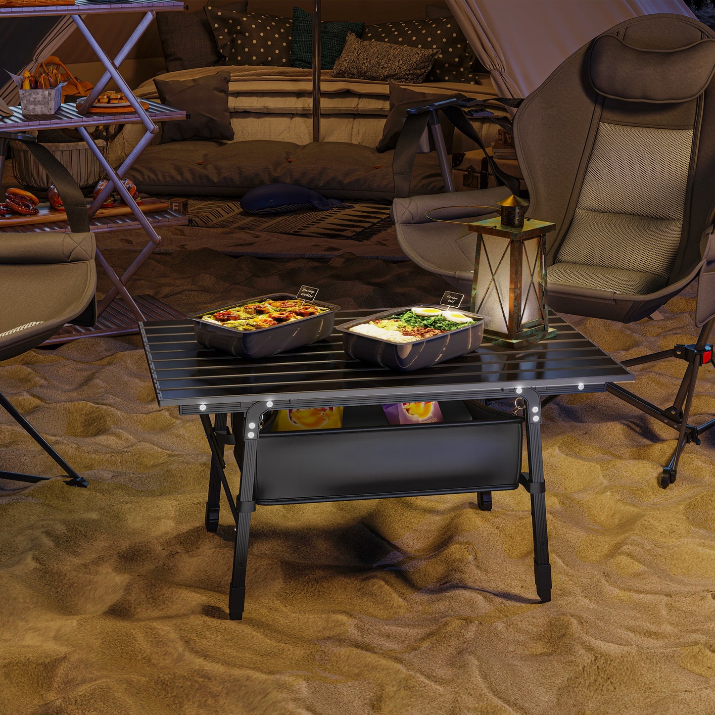 Folding Camping Table, 90 x 55 cm Height Adjustable Portable Collapsible Table, 3ft Lightweight Aluminium Rollup Picnic Table with Storage Basket