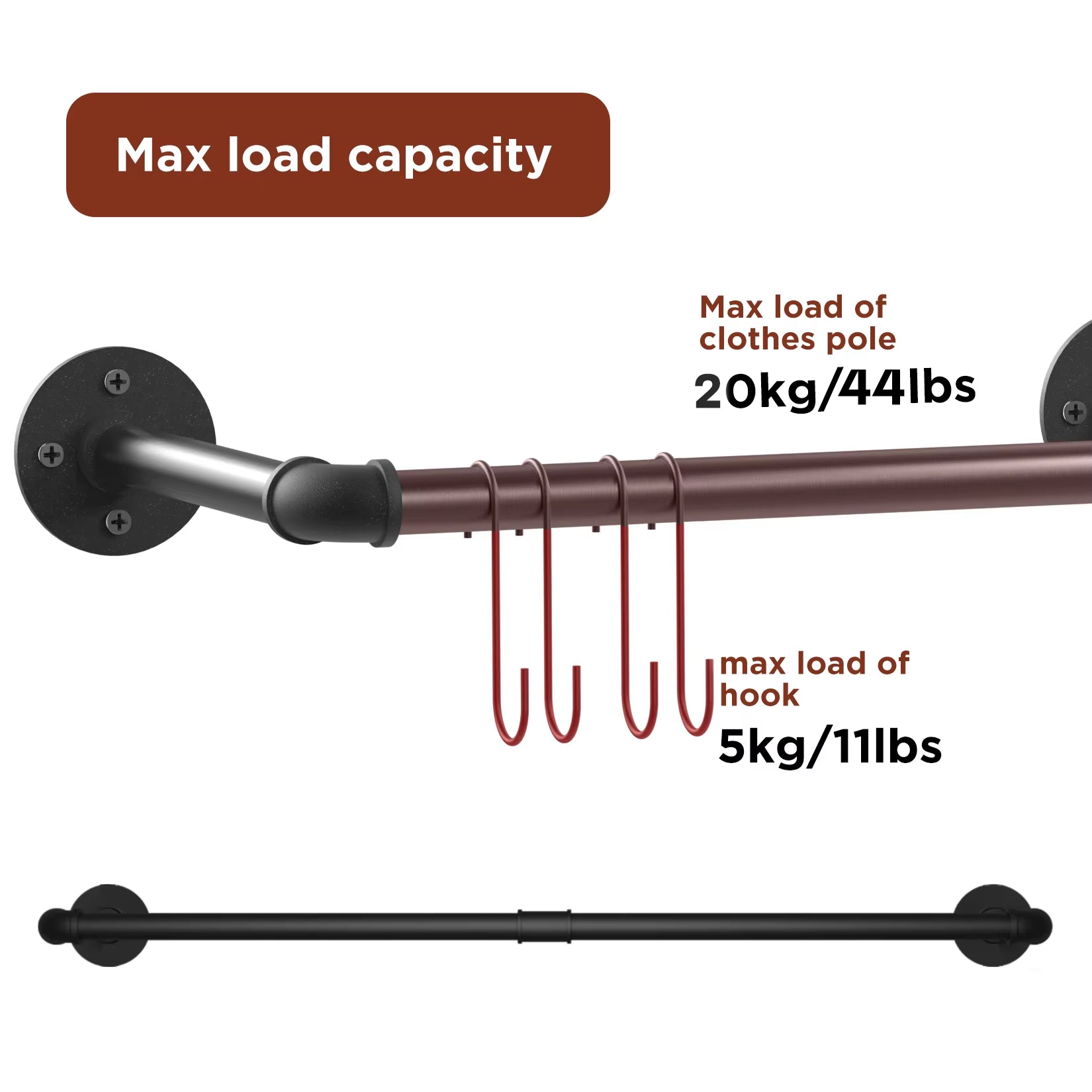 Wall Mounted Clothes Hanging Rack Rail Industrial Pipe Clothes Hanger Space-Saving Hanging Rod